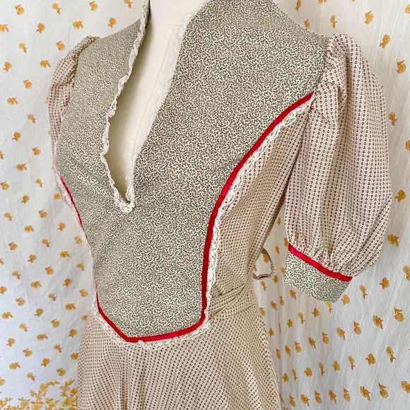Handmade Prairie Dress Cottagecore Small Red Green Lace Puff Sleeve Vintage - Picture 6 of 7